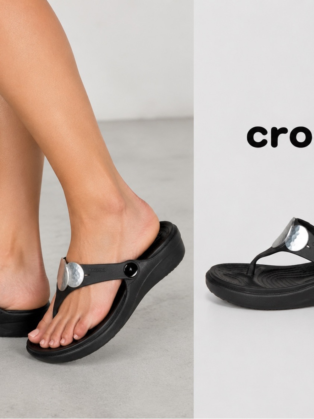 CROCS Black Platform Thong Sandals with Silver Medallion